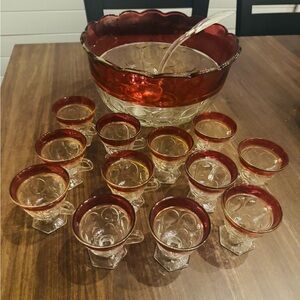 Vintage Glass Punch Bowl Set with Red Accents